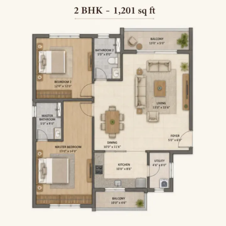Indicative 2 BHK floor plan, about 1,200 sq ft