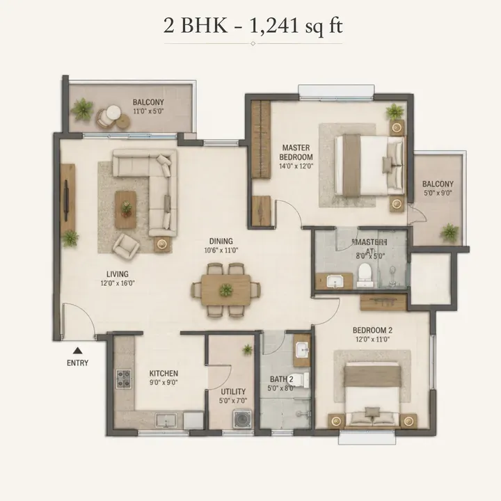 Indicative 2 BHK floor plan, about 1,240 sq ft
