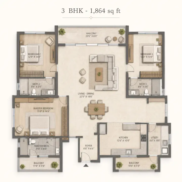 Indicative 3 BHK + 3T floor plan, about 1,860 sq ft