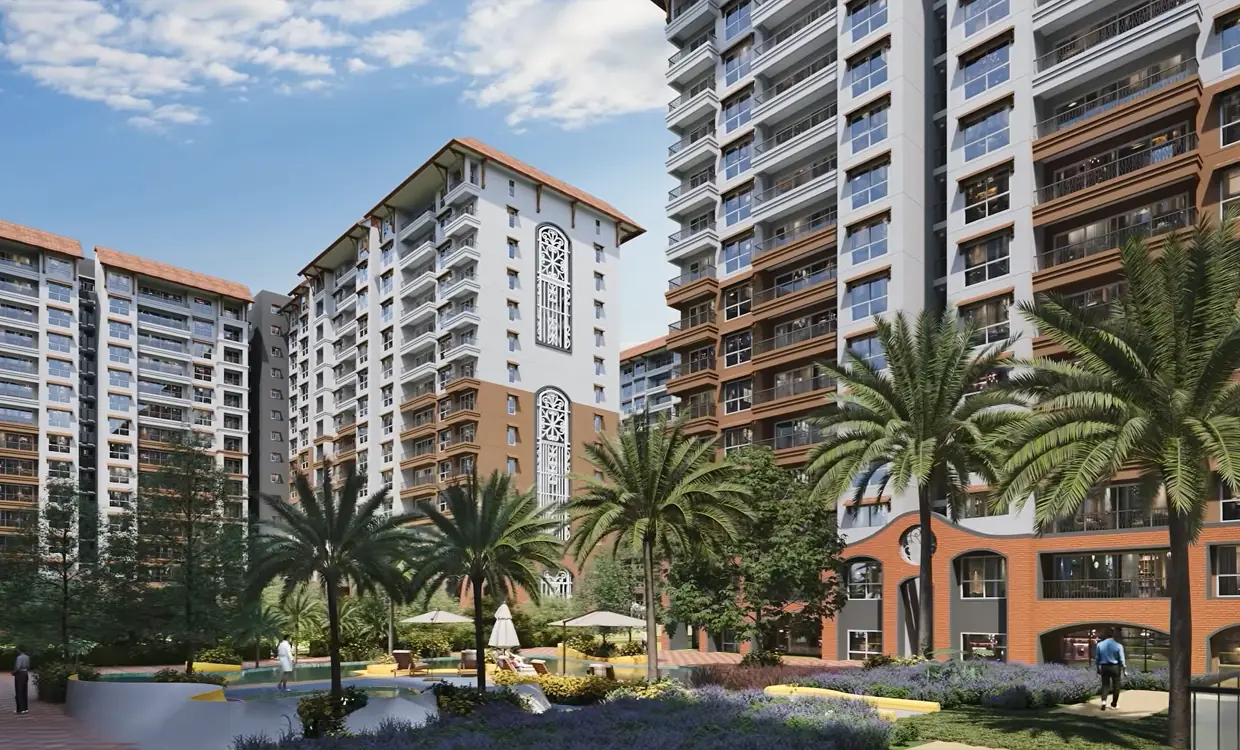 Artist's impression: terracotta-and-white towers with palm courtyards